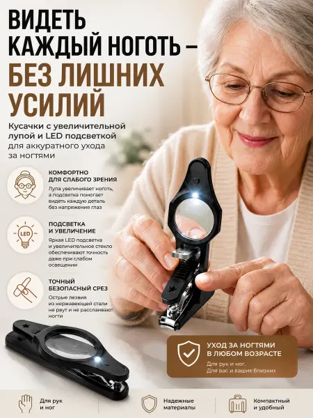 МАН10 Кусачки для ногтей с лупой и LED подсветкой, книпсер