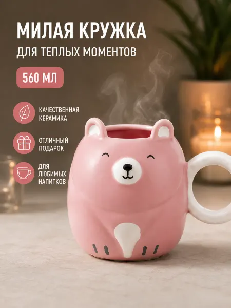 Magifta Кружка детская керамическая Мишка для чая и кофе розовая