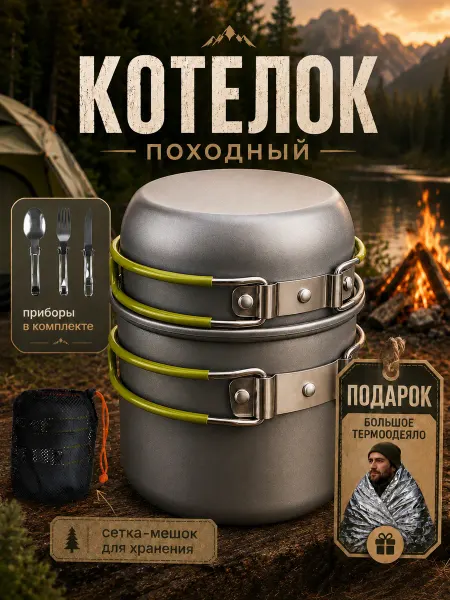 MAMADOO Котелок походный туристический набор посуды с приборами