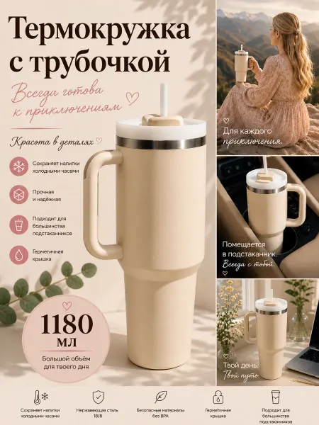MOONLIA Термокружка с трубочкой 1180 мл с ручкой для авто