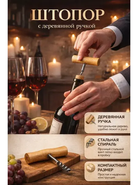 OLBYDI1 Штопор для вина механический прочный с деревянной ручкой