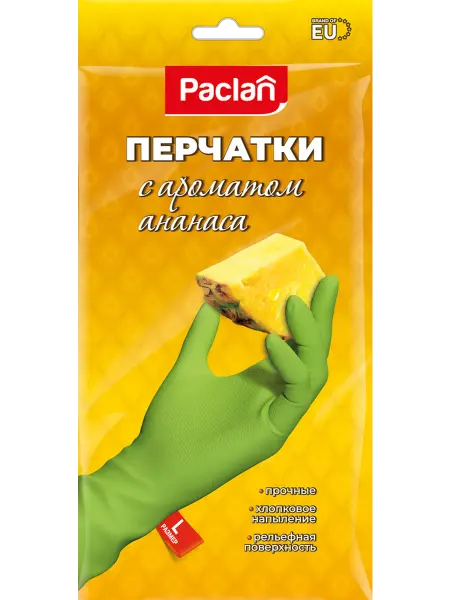 Paclan Перчатки резиновые, хл. напыление, аромат ананаса, L, зелены