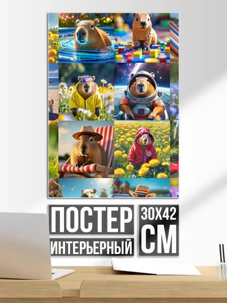 Постер на стену Коллаж капибар на отдыхе летом
