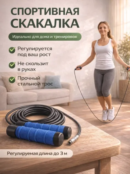 Спортивная скакалка регулируемая, стальной трос, фитнес и кардио