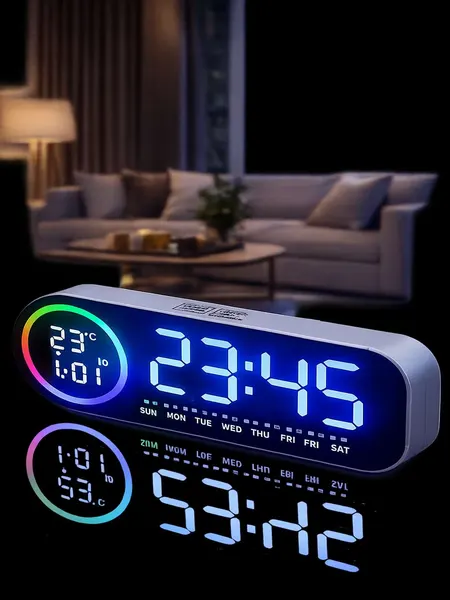 Настольные часы с RGB-подсветкой, белый свет, с будильником и гигрометром