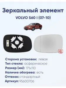 Зеркальный элемент для автомобиля VOLVO S60 I (07-10) асферика нейтральный с обогревом -L-