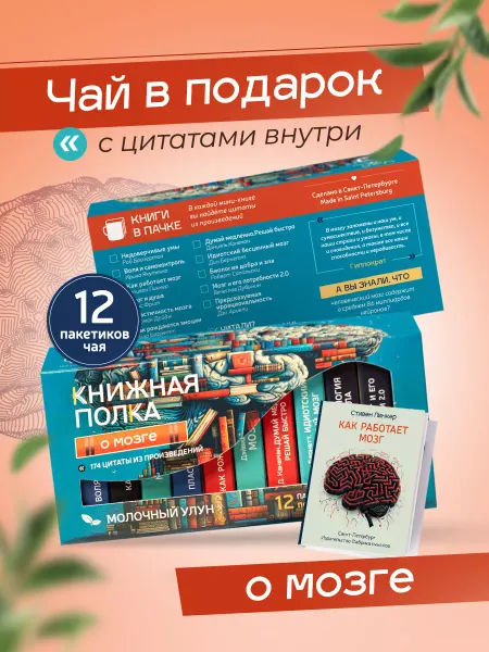 Книжная полка чай+книги Подарочный набор чая, мини книги с цитатами, Мозг