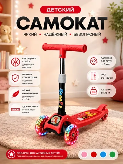 Самокат, детский трехколесный самокат, колеса с подсветкой, регулируемый руль
