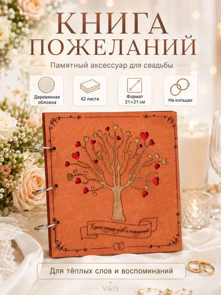 VikiS Книга пожеланий на свадьбу в деревянной обложке