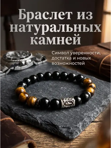 VIKRISTONE Браслет из натуральных камней тигровый глаз руна Феху оберег