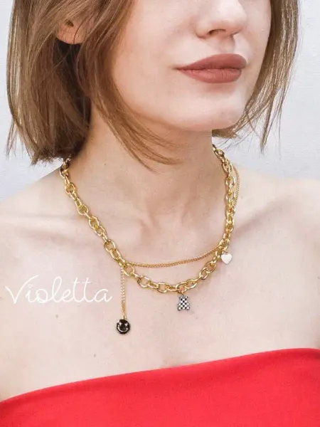 Violetta Подвеска цепочка и сердце на шею черный чекер со стразами