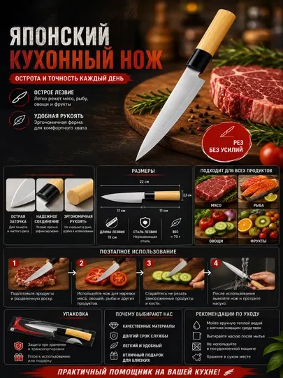 Универсальный кухонный нож – острое лезвие для нарезки мяса, овощей и продуктов