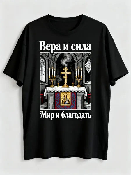 Футболка православного стиля с алтарем и иконой, надписями В