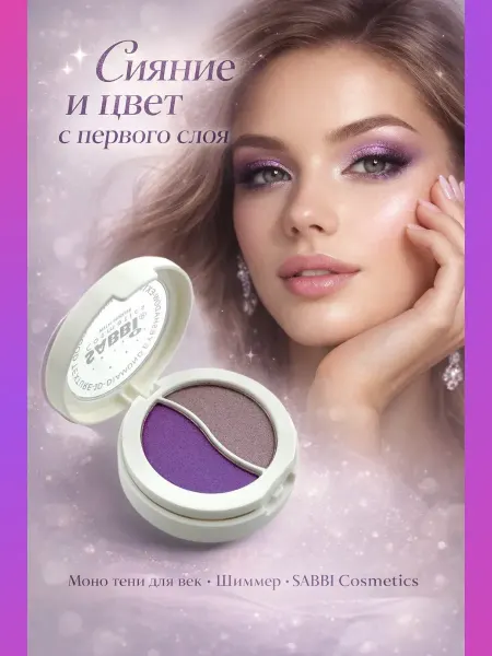 МубиМуни Тени для век с шиммером, двойные, фиолетовые с аппликатором