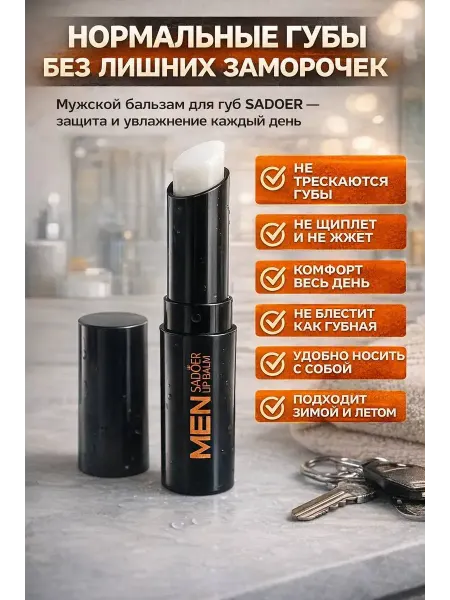 РауНур Бальзам для губ мужской без запаха, увлажняющий, от трещин