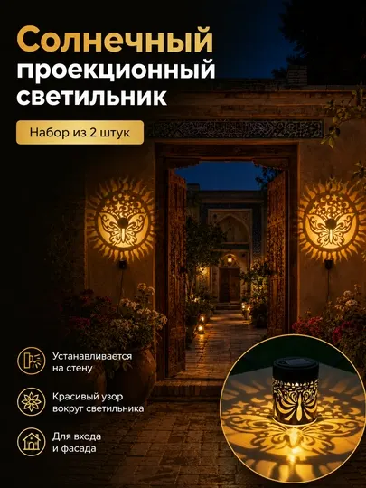 Солнечный проекционный настенный светильник для сада и фасада, набор 2 шт