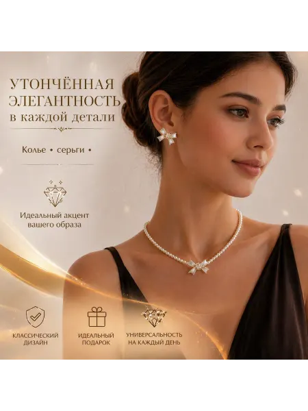 Комплект бижутерии с бантом и жемчугом серьги ожерелье