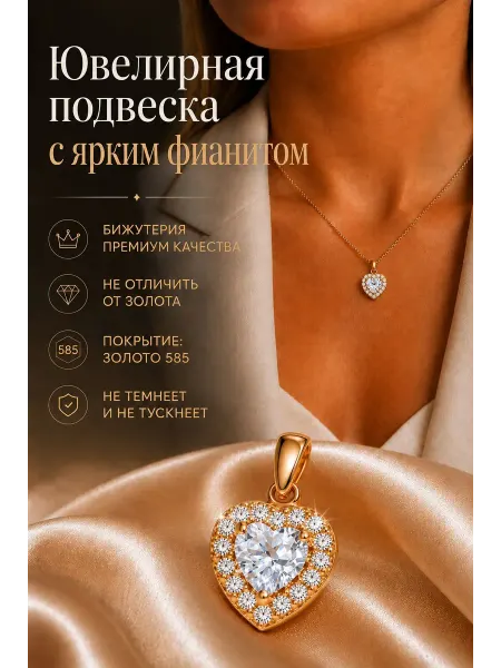 Сорока Премиум бижутерия Подвеска сердечко позолоченное с фианитом