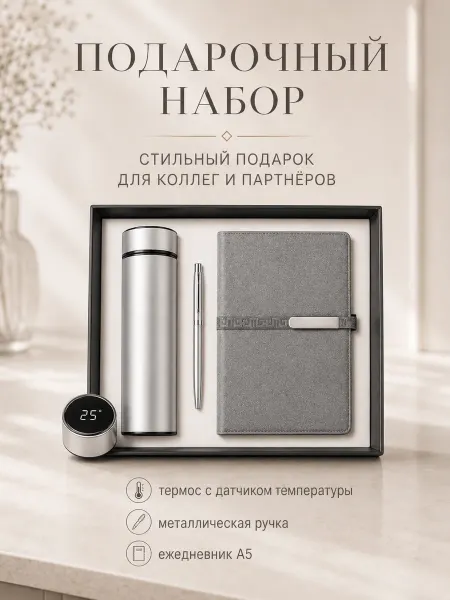 Подарочный набор с термосом, ручкой и блокнотом, серый
