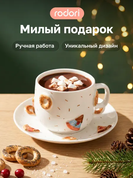 Чайная пара с сердечками подарочная, кружка с блюдцем