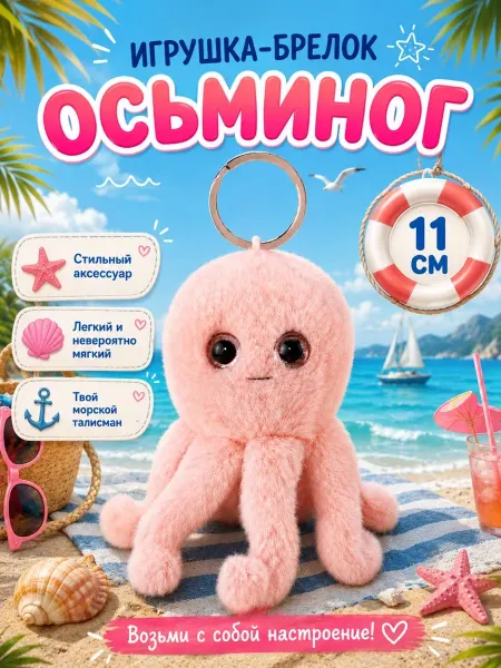 Плюш Ленд Мягкая игрушка брелок Осьминог розовый