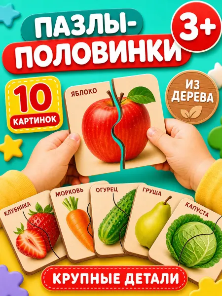 Учись-Играй Пазлы половинки овощи, фрукты и ягоды деревянные для малышей