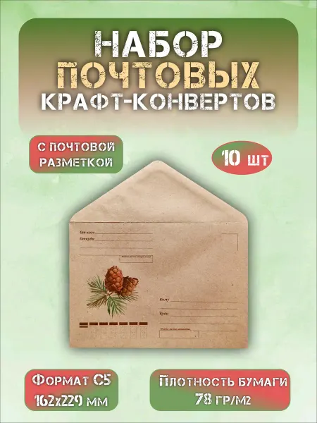 СОТВОРЕНИЕ Набор почтовых зимних крафт конвертов "Кедровые шишки" С5