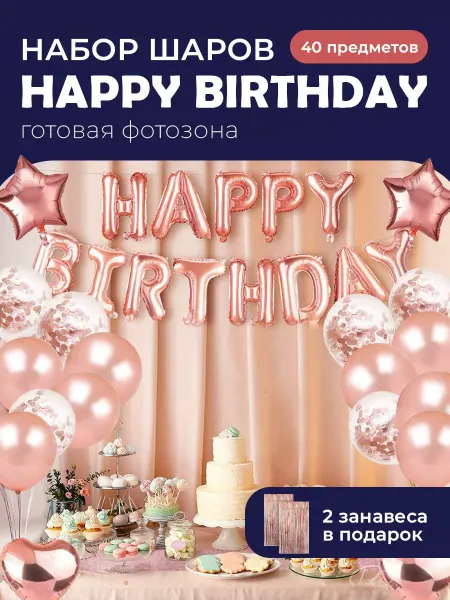 Воздушные шары "С днем рождения" 40 штук готовая фотозона