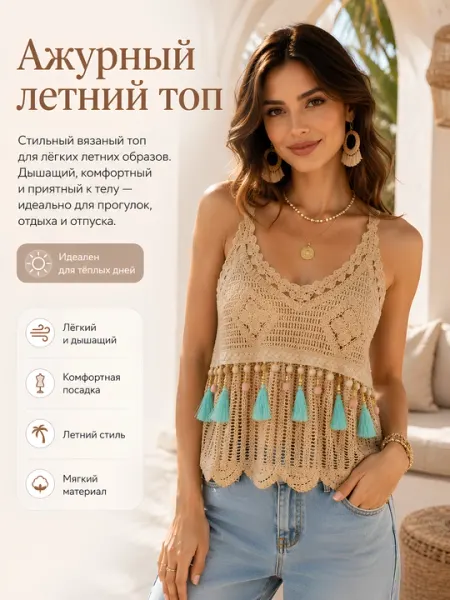 Стильный вязаный топик. Летний женский топ с кисточками. Этно-стиль.