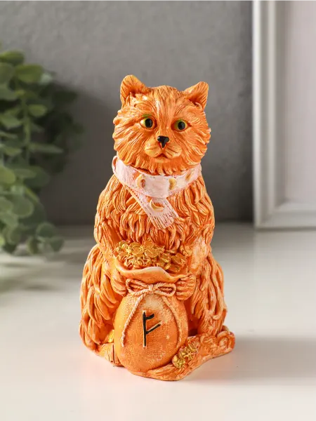 Сималенд Фигурка гипс Йольский Кот с мешком монет рыжий