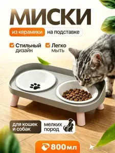 Двойная керамическая миска для кошек 400 мл на подставке, нескользящие ножки, серый