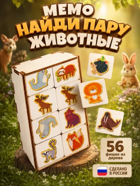 ДЕСЯТОЕ КОРОЛЕВСТВО Мемо деревянное для детей Парные картинки "Животные"