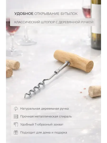 ЛАТИБЬЮТИФУЛ Металлический штопор с деревянной ручкой для пробок