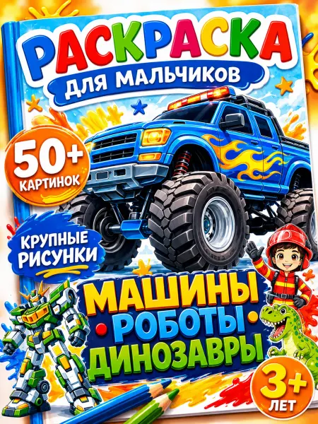Развивашкин-Land Раскраска Машины Роботы Динозавры для мальчиков большая