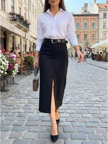 Екатерина Юбка карандаш длинная темно-серая с разрезом в офис