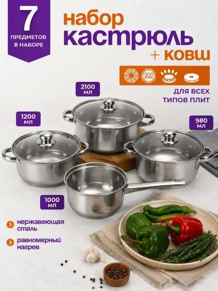 Набор кастрюль и ковш со стеклянными крышками
