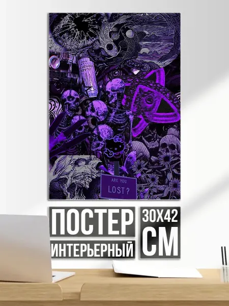 Плакат постер Фиолетовый коллаж черепов