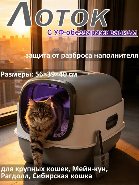 Закрытый лоток для кошек УФ-обеззараживание