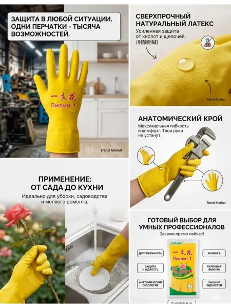 Перчатки хозяйственные резиновые латексные прочные