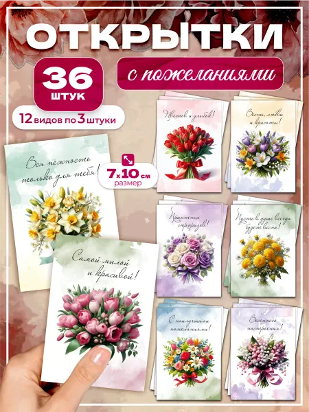 Праздник в Открытке Мини открытки подарочные с пожеланиями набор 36 штук
