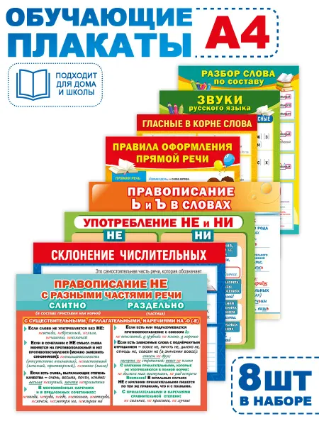 ТМ Мир поздравлений Набор обучающих плакатов по русскому на стену в школу 8 шт