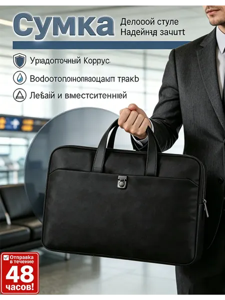 Черная сумка для ноутбука с ручками и отделениями