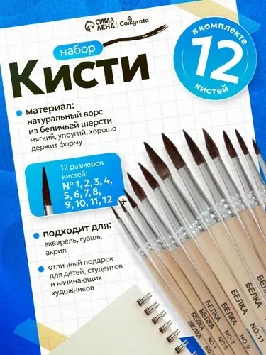 Кисточки для рисования белка 12 штук (№1-12), круглые