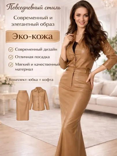 Женский комплект из эко-кожи, кофта и длинная юбка