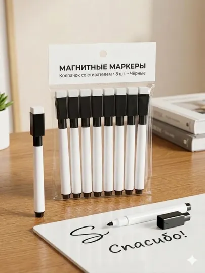 Магнитные маркеры для доски с колпачком-стирателем, 8 шт., черные