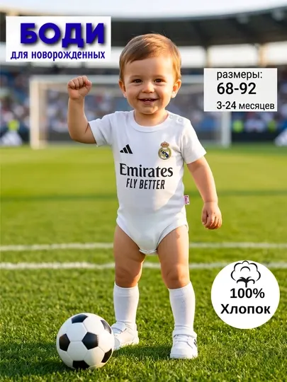 Боди-футболка для малышей "Реал Мадрид, Барселона, Хусанов, Шамурадов, Файзуллаев"