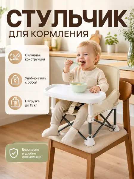Складной детский стульчик для кормления бежевый