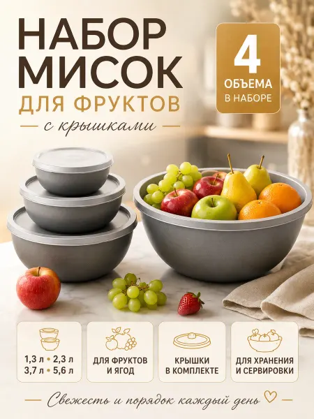 Альт-Пласт Миска для фруктов набор с крышками 4шт