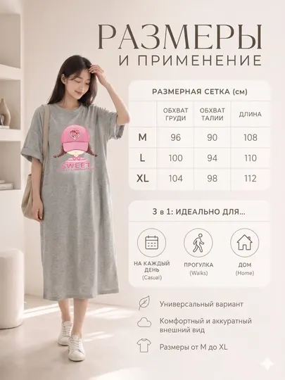 Платье-футболка женское, с принтом, белый/черный/серый, S-XL