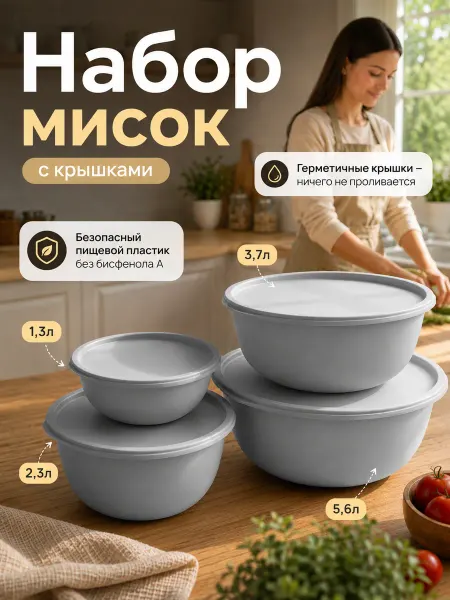 Альт-Пласт Набор миски с крышками для кухни пластиковые 5шт
